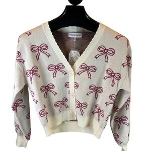 Willow & Wind Womens Pink Bow Print V-Neck Cardigan Sweater Cream Size Large NEW